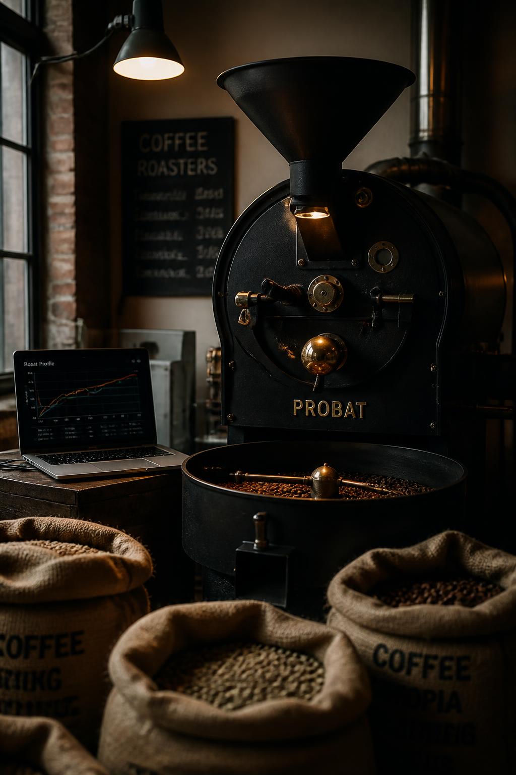 Mesin sangrai kopi dan karung green bean di sebuah roastery